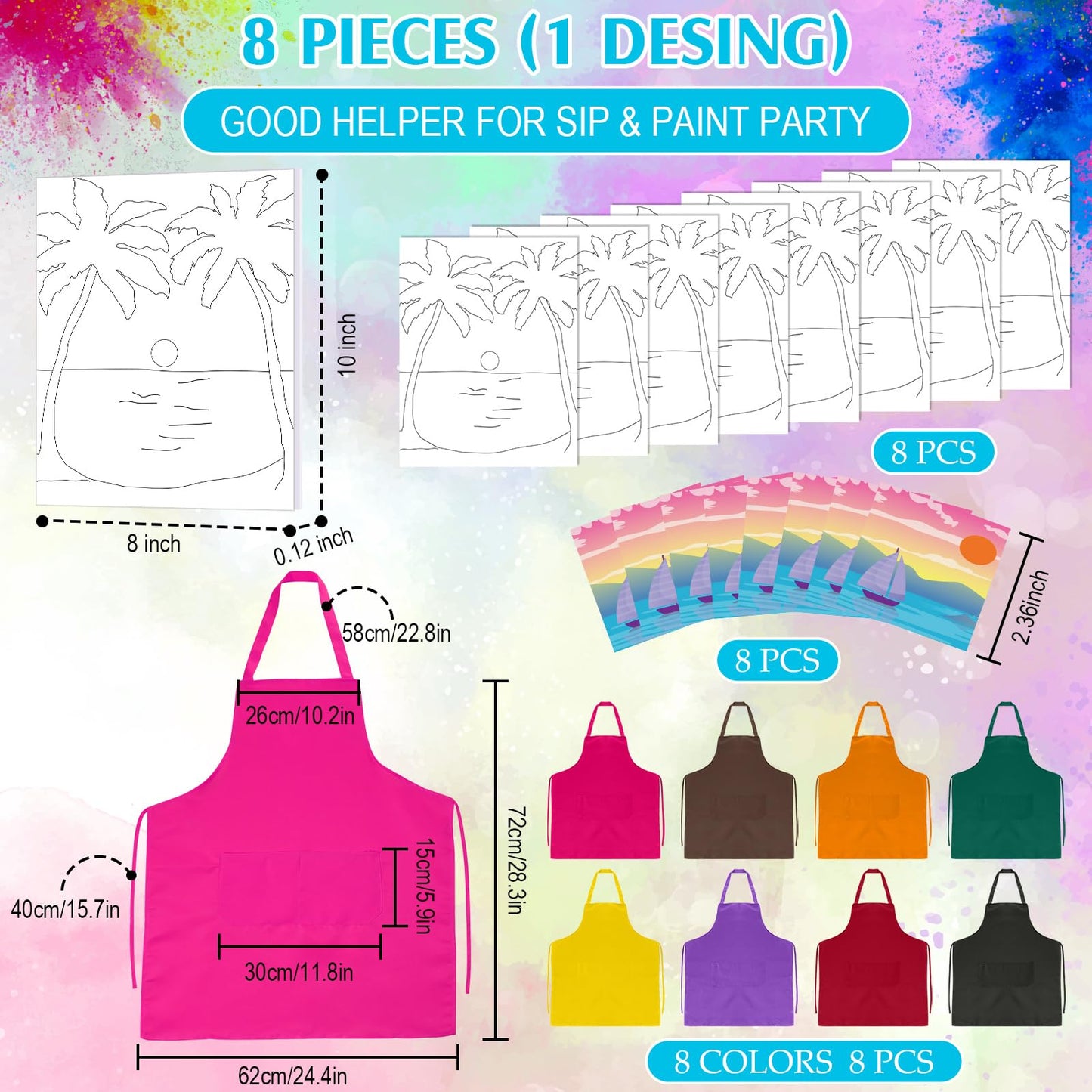 Cholemy 8 Set Paint and Sip Kit for Adults 8'' x 10'' Pre Drawn Canvas with Wooden Easels Acrylic Paint Brushes Wash Cup Palette Apron for Painting DIY Date Night Party Supplies(Landscape)
