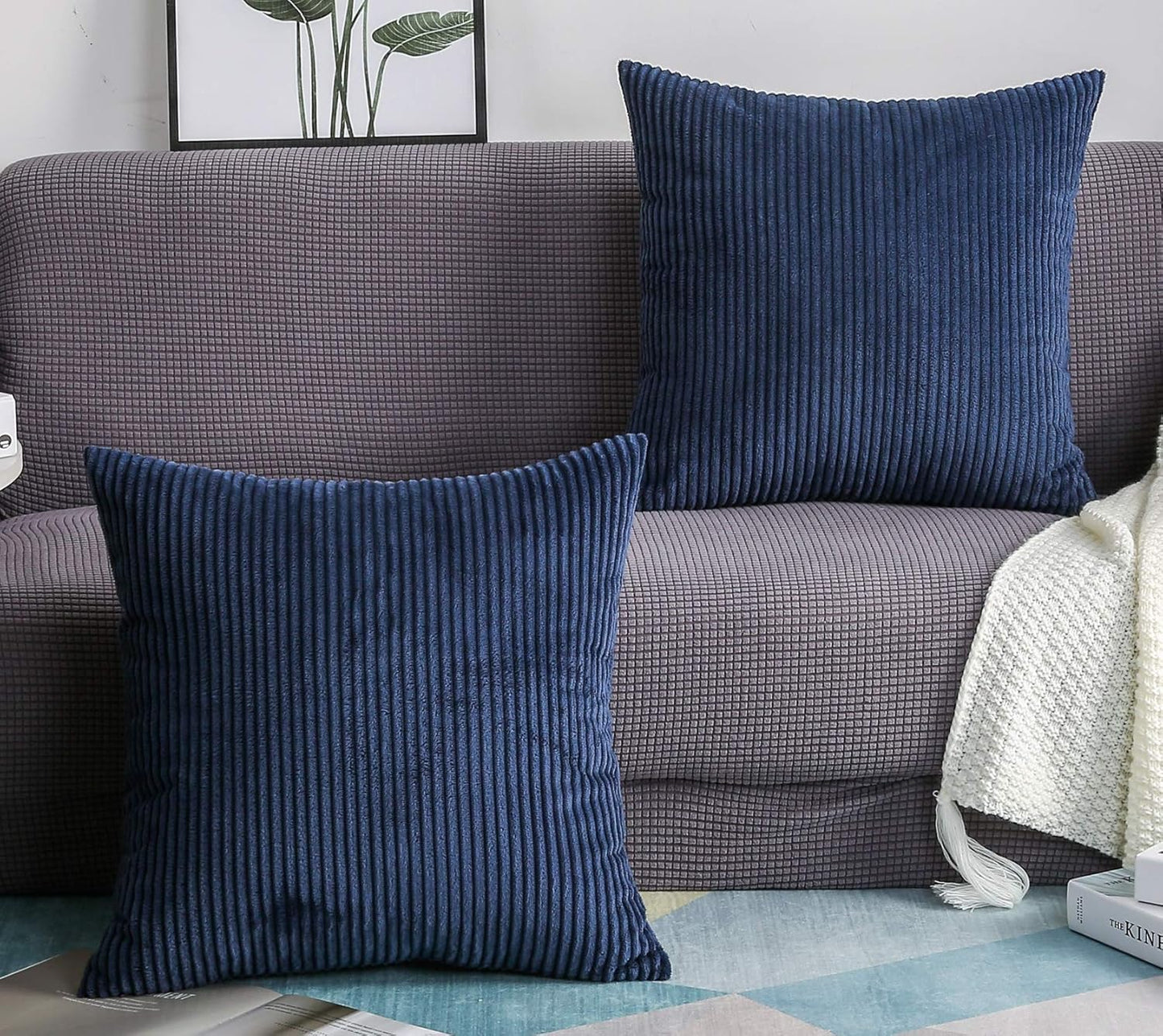 TangDepot Set of 2 Solid Velvet Striped Corduroy Decorative Throw Pillow Covers, Square (22"x22", 2 Pieces, A10 Navy