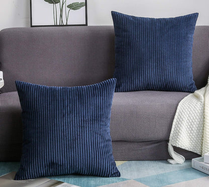 TangDepot Set of 2 Solid Velvet Striped Corduroy Decorative Throw Pillow Covers, Square (22"x22", 2 Pieces, A10 Navy