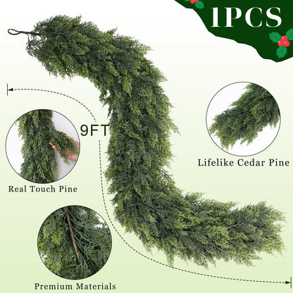 Soft Textured Christmas Cedar Garland -9ft Artificial Garlands Faux Cedar Fake Pine Needles Garland for Fireplace,Table,Window,Stairs,Mantle,Holiday Indoor Outdoor Xmas Decor(1PCS)