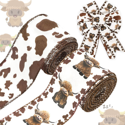 JarThenaAMCS Highland Cow Wired Edge Ribbon Cow Print Craft Ribbon White Brown Fabric Ribbons for Wreath Bow Making DIY Crafts Wrapping Party Decor Supplies, 2 Rolls, 20 Yard