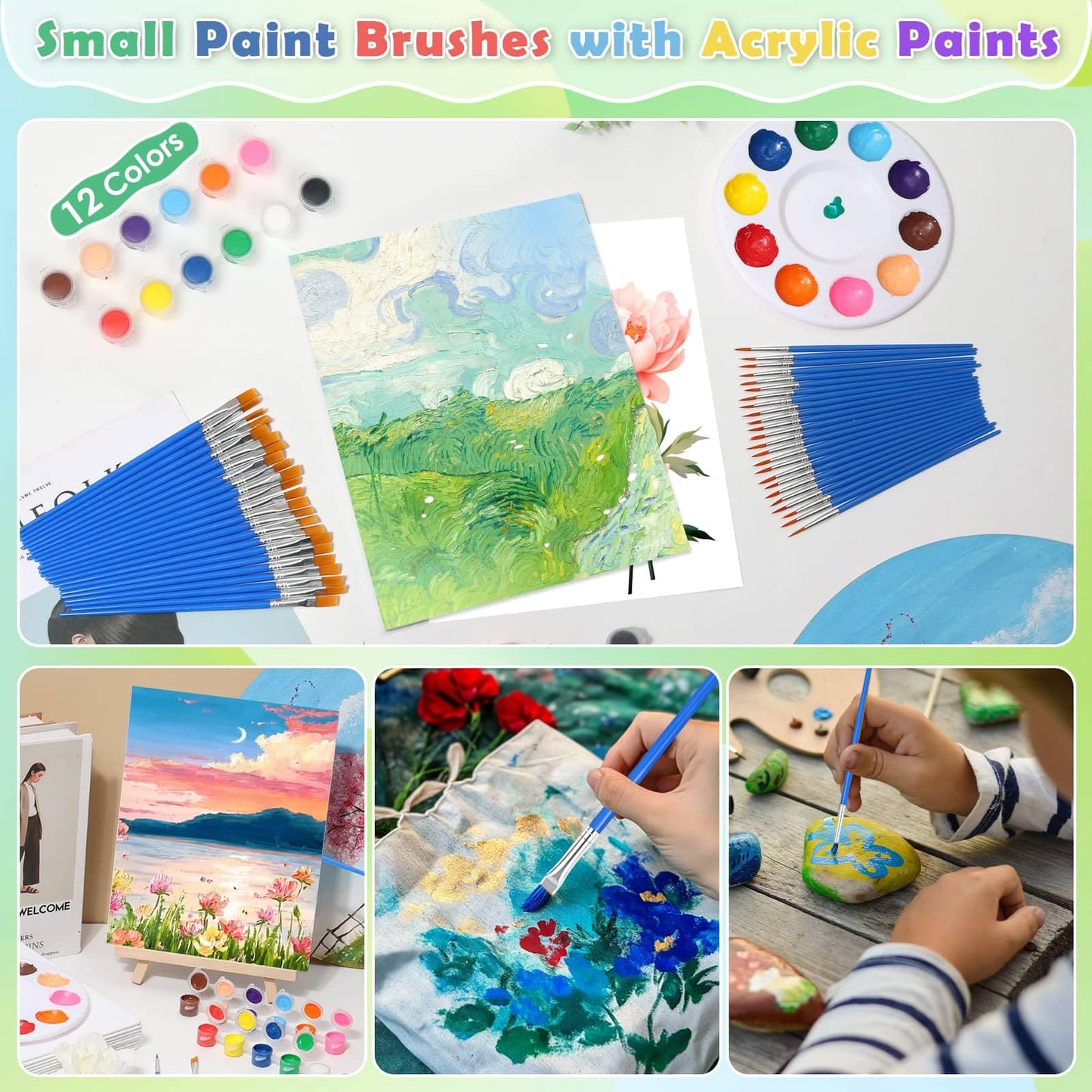10Pack 8x10 Inch Canvas and Easel Set, Art Canvas Bulk with Easel Stands, 12 Colors Mini Acrylic Paint Set, Small Paint Brushes, Paint Trays, Sip and Paint Kit for Adults Couples Paint Party Supplies