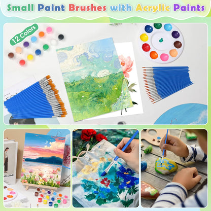 10Pack 8x10 Inch Canvas and Easel Set, Art Canvas Bulk with Easel Stands, 12 Colors Mini Acrylic Paint Set, Small Paint Brushes, Paint Trays, Sip and Paint Kit for Adults Couples Paint Party Supplies