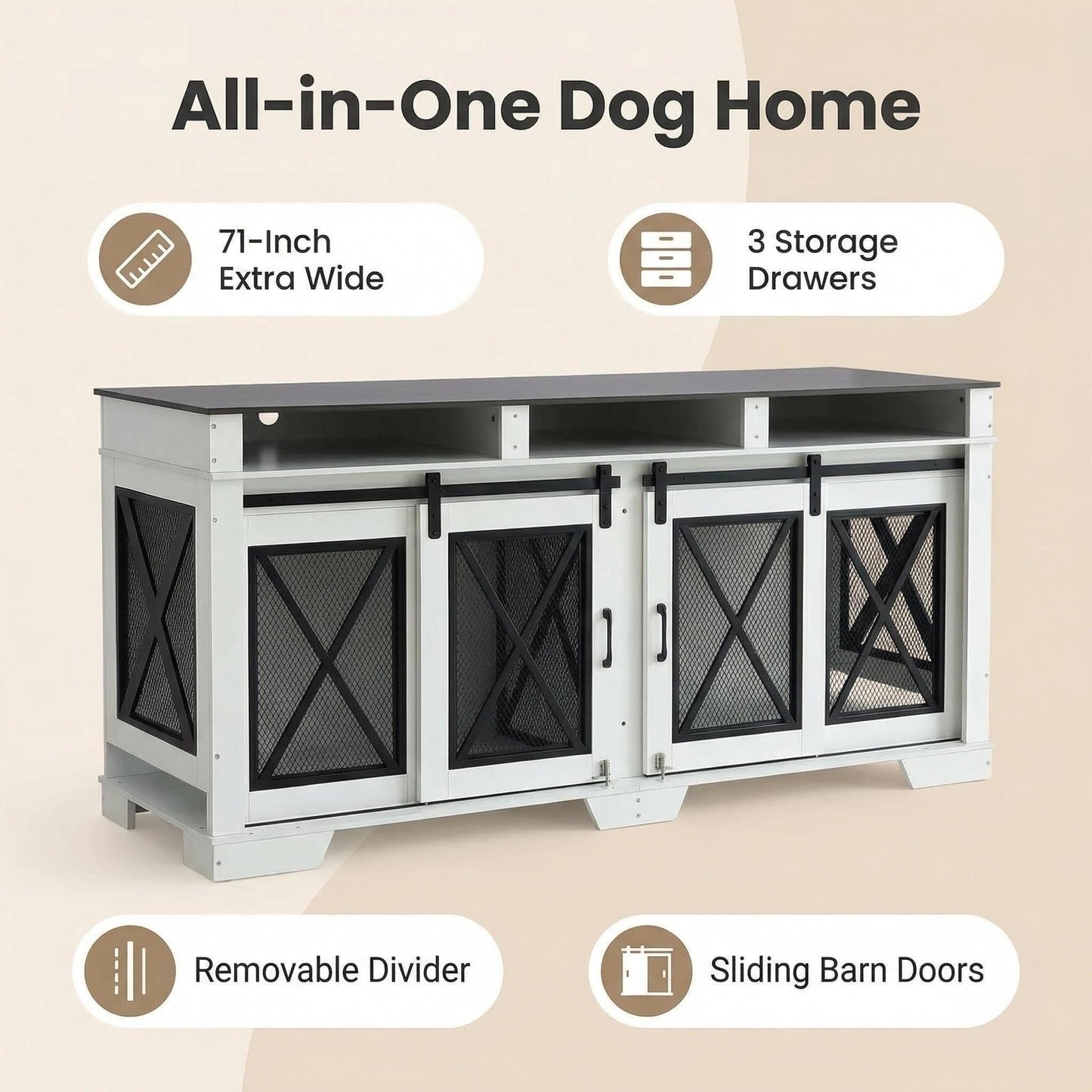 Garvee 71" Double Dog Crate Furniture with Divider, Heavy Duty Wood & Metal Dog Cage for Large Dogs, Dual Compartment Dog Kennel with Double Doors, Indoor Dog Crate TV Stand