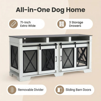 Garvee 71" Double Dog Crate Furniture with Divider, Heavy Duty Wood & Metal Dog Cage for Large Dogs, Dual Compartment Dog Kennel with Double Doors, Indoor Dog Crate TV Stand