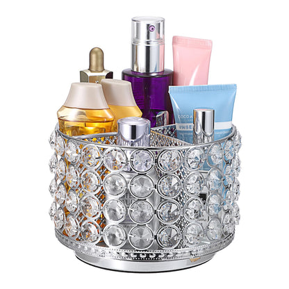 Hipiwe Crystal Vanity Organizer Makeup Brush Holder- 360 Rotating Cosmetic Brushes Display Organizers Spinning Remote Control Holder Bathroom Storage Organizer for Eyebrow Pen Pencil,Silver 4-Slot