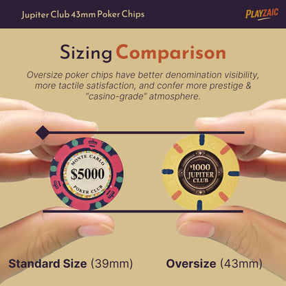 Playzaic 500-count Jupiter Club 43mm Oversize Casino Clay Poker Chip Set | 11-gram XL Chips in Locking Protective Case | 100% Clay Luxury Feel for Home Cash Games & High Stakes Tournaments