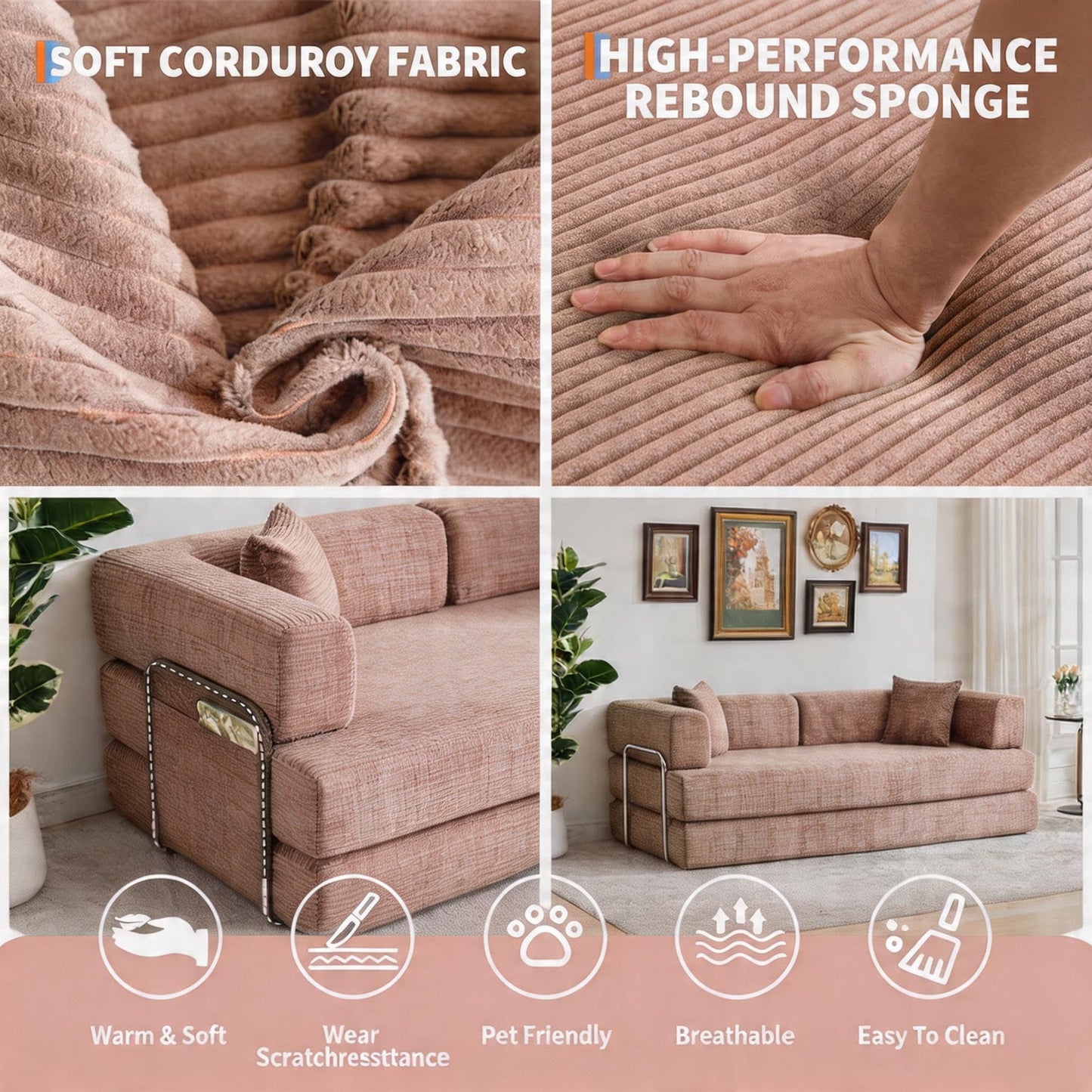 5-in-1 Convertible Sofa Bed Sleeper, 79" Corduroy Floor Couch with 4 Pillows, Boneless Deep Seat Futon Mattress, No Assembly, Modern Lounge Sofa for Living Room, Apartment, Small Spaces, Dark Gray