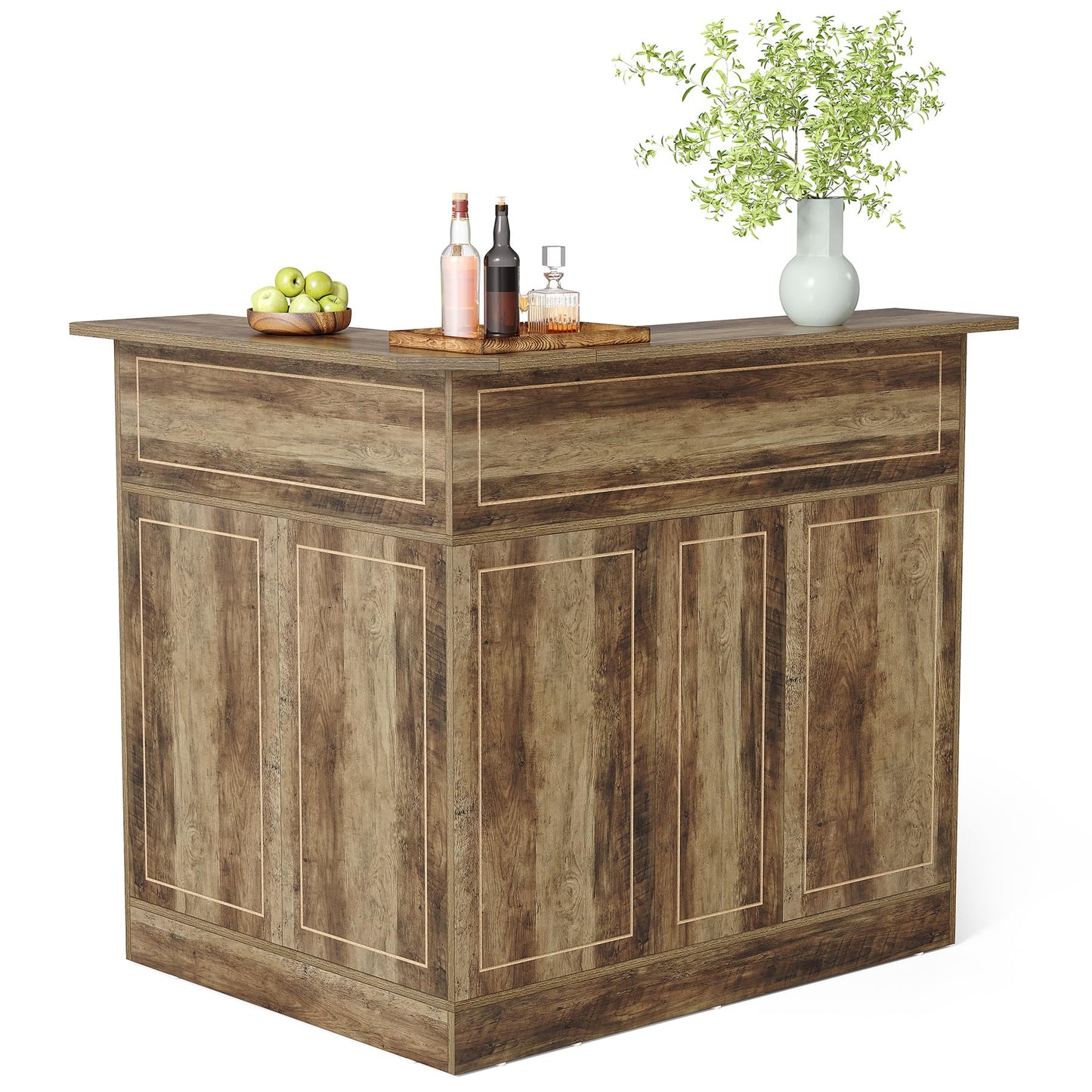 LITTLE TREE Home Bar Cabinet, 4-Tier Mini Bar Cabinet with Stemware Rack, Freestanding Wooden Bar Cabinet, L-Shaped Liquor Table Cabinet for Living Room, Dining Room, Rustic Brown
