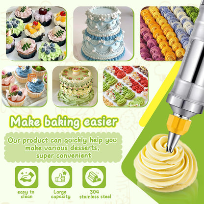 NOVANO Dessert Decorating Syringe Set, Frosting Piping Kit Stainless Steels Cake Decorating Kit with 54 Piping Tips & 9 silicone cupcakes, Cupcake Decorating Kit Piping Bags and Tips Set (Yellow)
