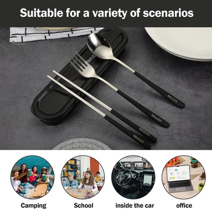 Travel cutlery set, 18/8 stainless steel cutlery, Reusable utensils set with case, Portable Silverware Lunch Box for Camping and Office (Black/knife set)