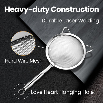 Stainless Steel Fine Mesh Strainer Set, Colander Set with 1 Large Flour Sifter (Sturdy Handle), 1 Small Mesh Sieve for Pasta & Rice, 1 Silicone Can Strainer – Durable, Dishwasher Safe, 5-Year Warranty