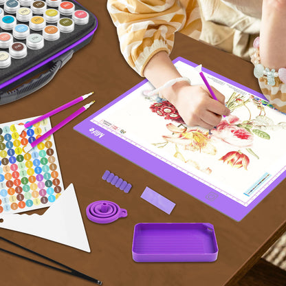Mlife Diamond Painting Storage Boxes,1 Diamond Painting A4 Light Box Tracing Light Board with 3 Brightness, 80 Slots Bead Storage with 5D Diamond Art Accessories and Tools Kit（Purple）