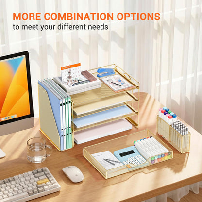 OPNICE Desk Organizers and Accessories, 4-Tier Office Desk Accessories & Workspace Organizers with Drawer and Pen Holder, Desktop Paper Tray File Organizer for Home Office Supplies, Gold