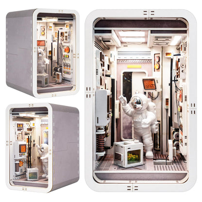 Joohour DIY Book Nook Kit, Dollhouse Miniature, Booknook Bookshelf Insert Decor Alley 3D Wooden Puzzle, Bookends Model Building Kit with LED Light, Gift for Teens and Adults, Space Capsule