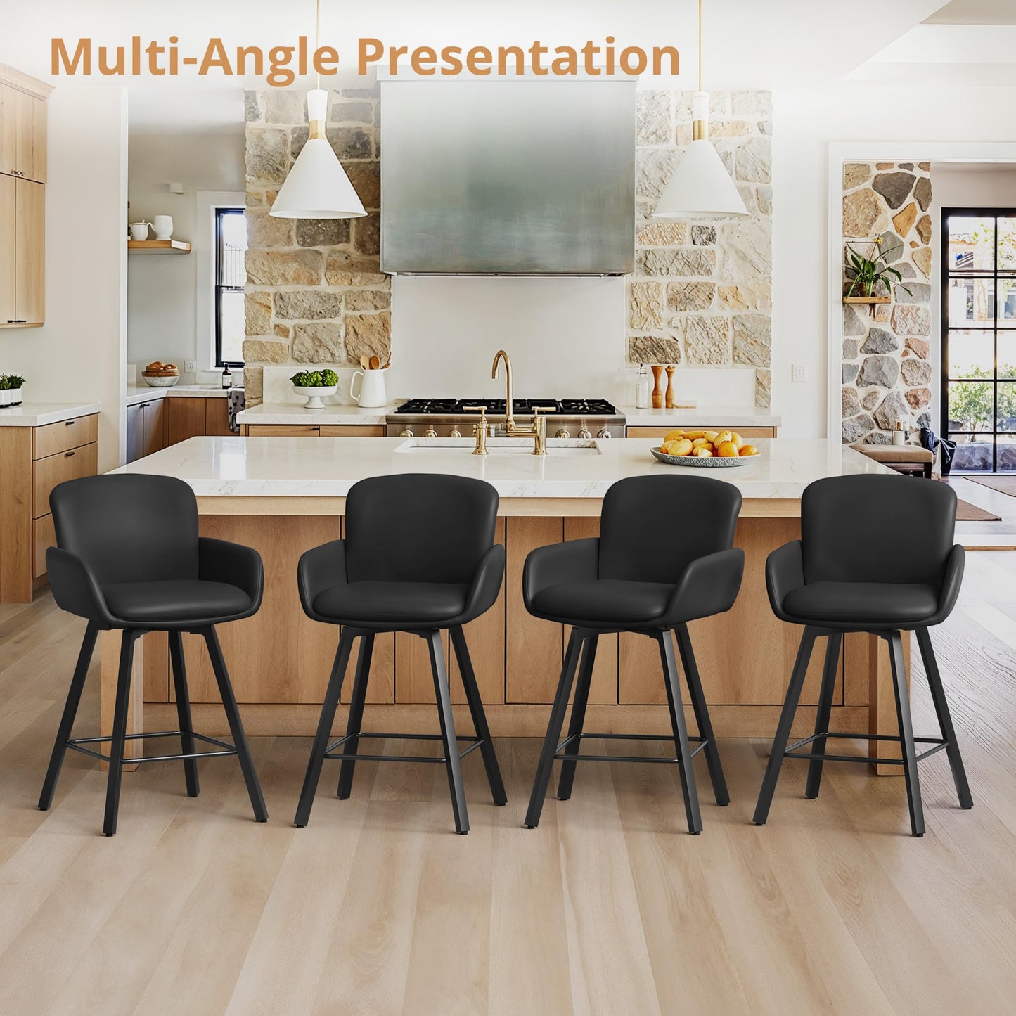 LUE BONA 26" Swivel Bar Stools Set of 4, Counter Height Bar Stools with Backrest and Arms, Modern Upholstered Barstools with Metal Legs for Kitchen Island, Black