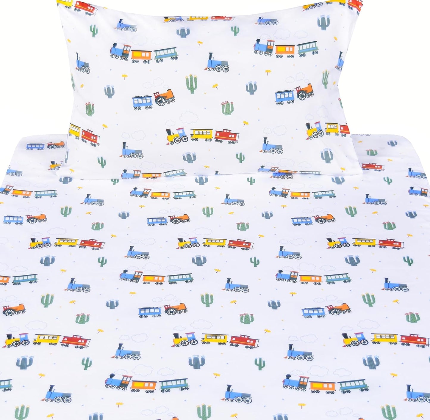 Scientific Sleep 100% Cozy Set, Set Little Train Cactus Cute Fun Cotton Twin Bed Sheet Flat Sheet & Fitted Sheet