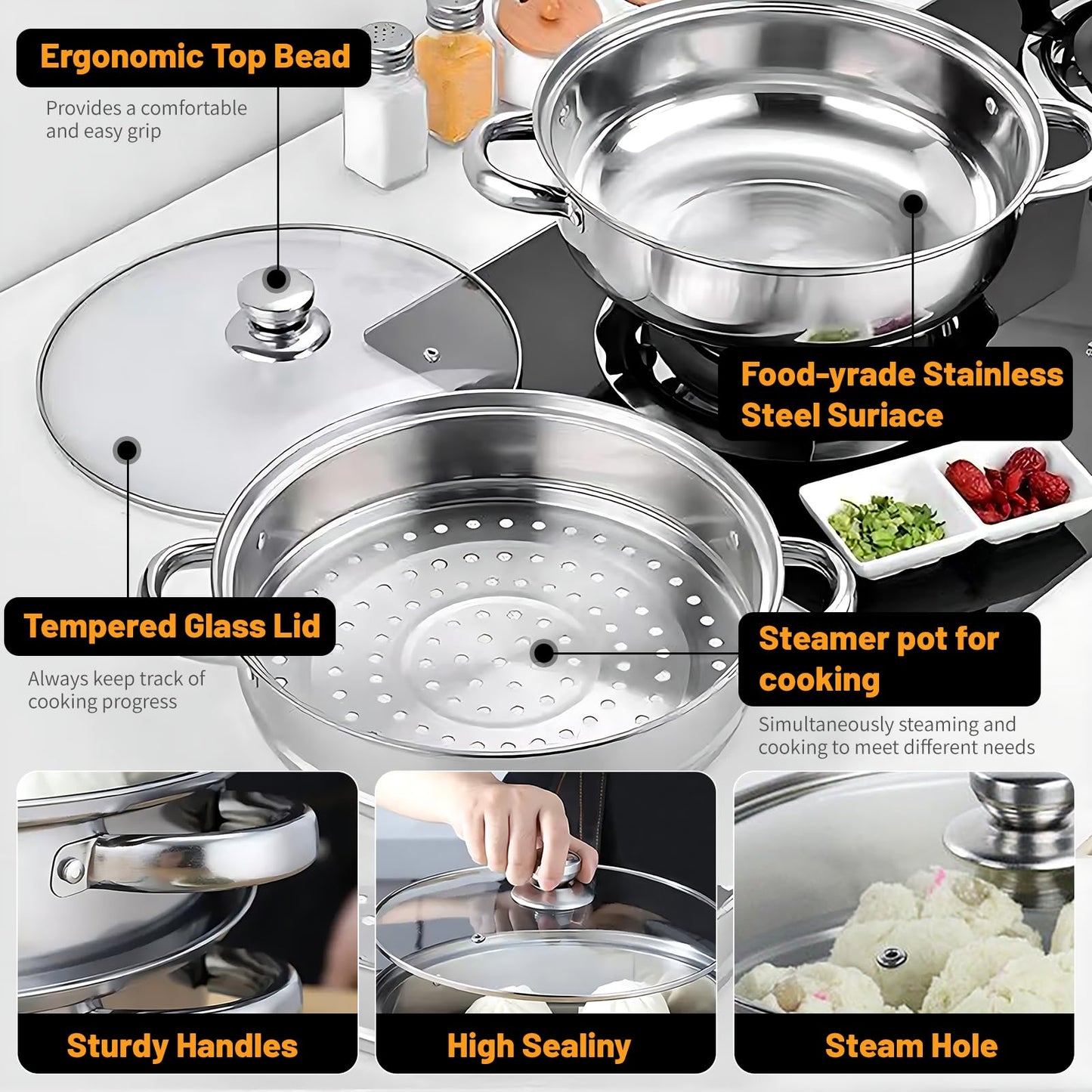 2-Tier 28cm 304 Stainless Steel Steamer Pot with Glass Lid,for Dumplings, Seafood, Veggie Stews & Homemade Soups