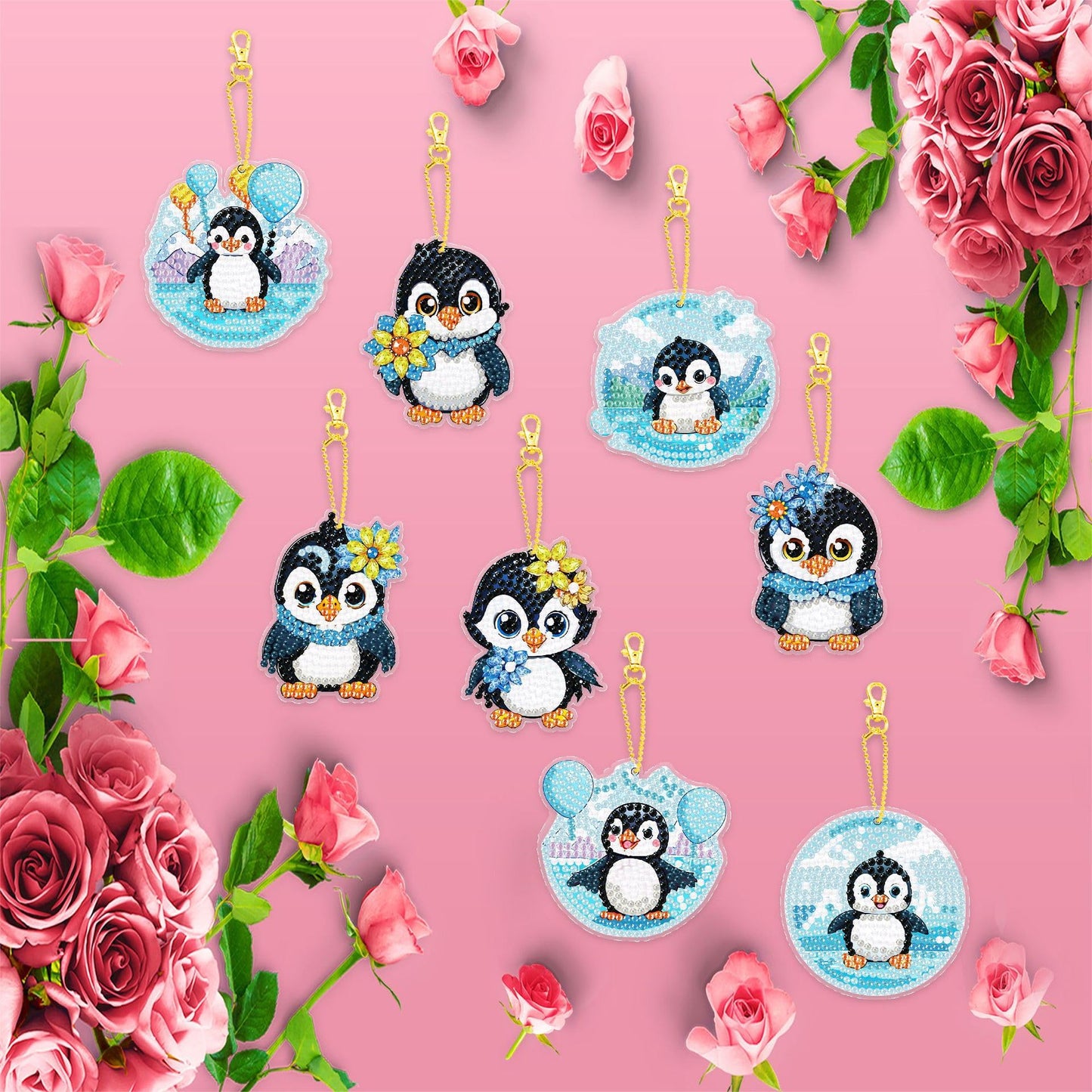 JBTM24 Diamond Painting Keychains Kits, Double Sided Diamond Art Keyrings for Adults, DIY Art Key Rings Ornaments Kits (Penguin)