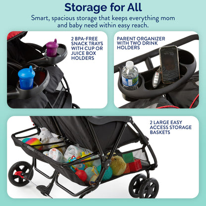 Kolcraft Cloud Plus Lightweight Double Stroller Side-by-Side for Infant Toddler, Compact Folding Travel System with Reclining Seats, Canopies, Storage Basket, Trays, Easy Maneuver – Red Black
