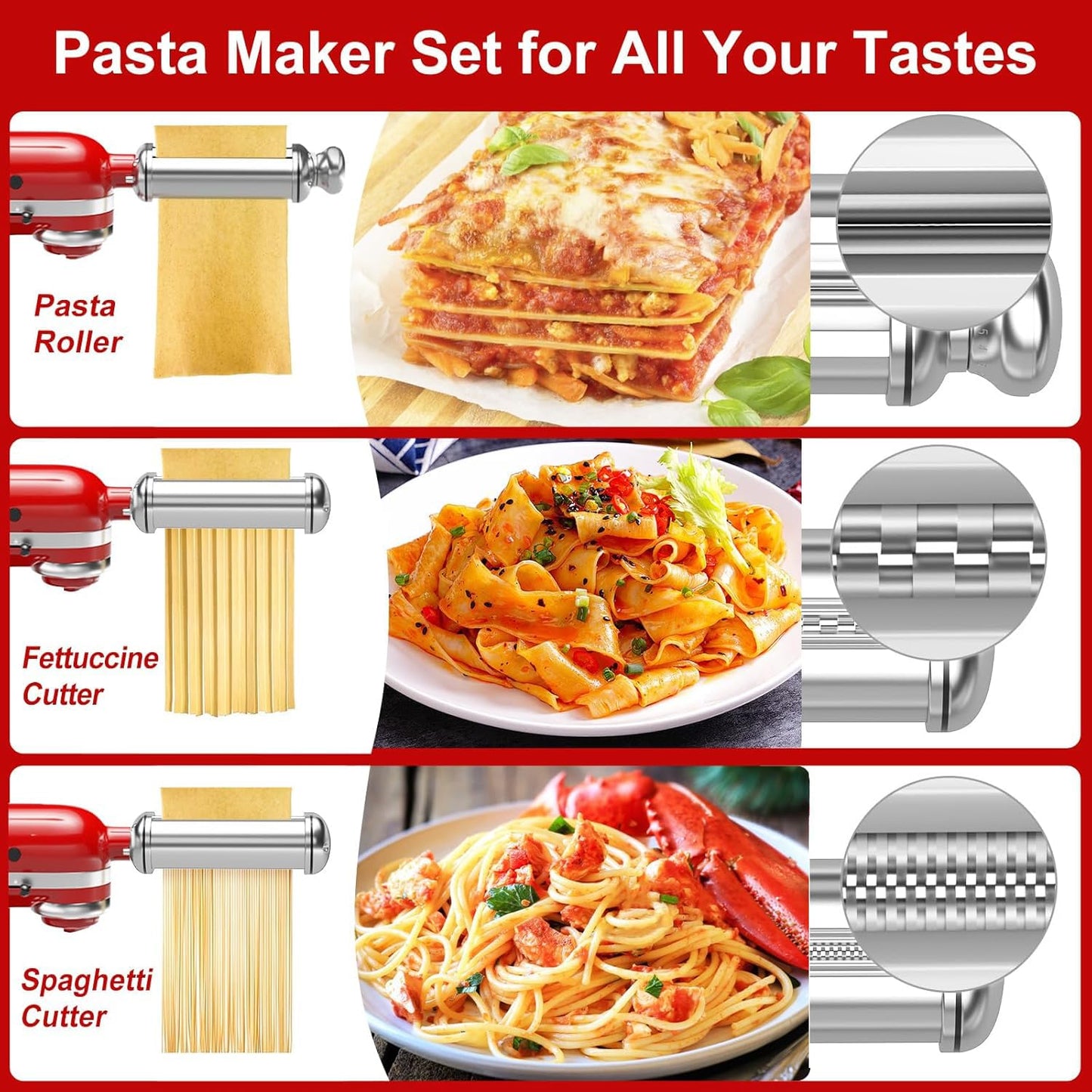 3PCS Pasta Maker Attachment for All Kitchenaid Stand Mixers, Stainless Steel Pasta Attachments Include Spaghetti Cutter & Fettuccine Cutter, Pasta Roller with 8 thickness knob