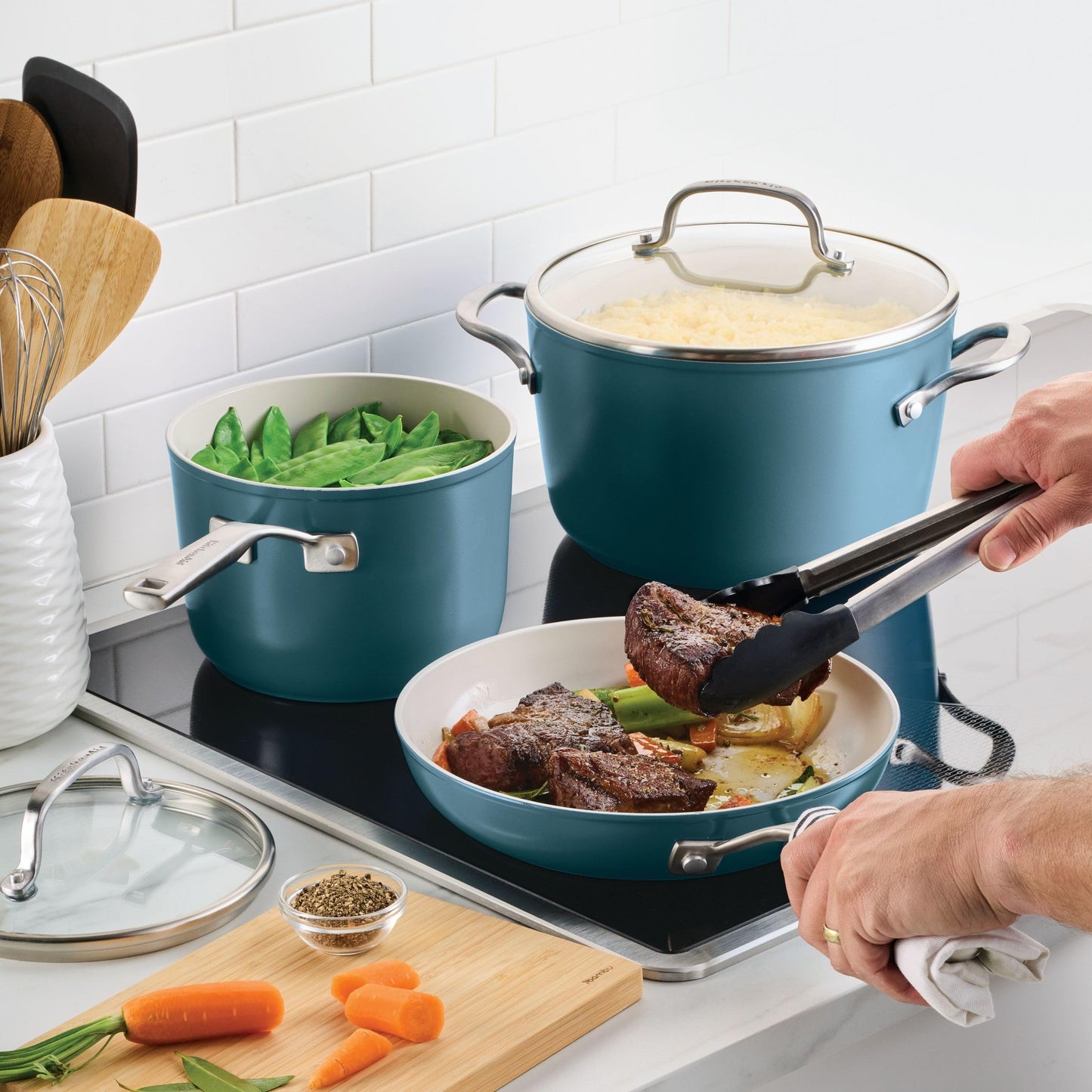 KitchenAid Hard Anodized Ceramic Induction Nonstick Pots and Pans Set with Saucepans, Frying Pans, Stockpot, and Lids, Dishwasher Safe, 9 Piece Cookware Set with Stainless Steel Handles - Agave Blue