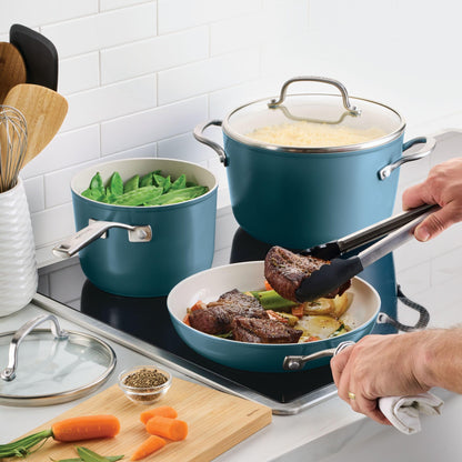 KitchenAid Hard Anodized Ceramic Induction Nonstick Pots and Pans Set with Saucepans, Frying Pans, Stockpot, and Lids, Dishwasher Safe, 9 Piece Cookware Set with Stainless Steel Handles - Agave Blue