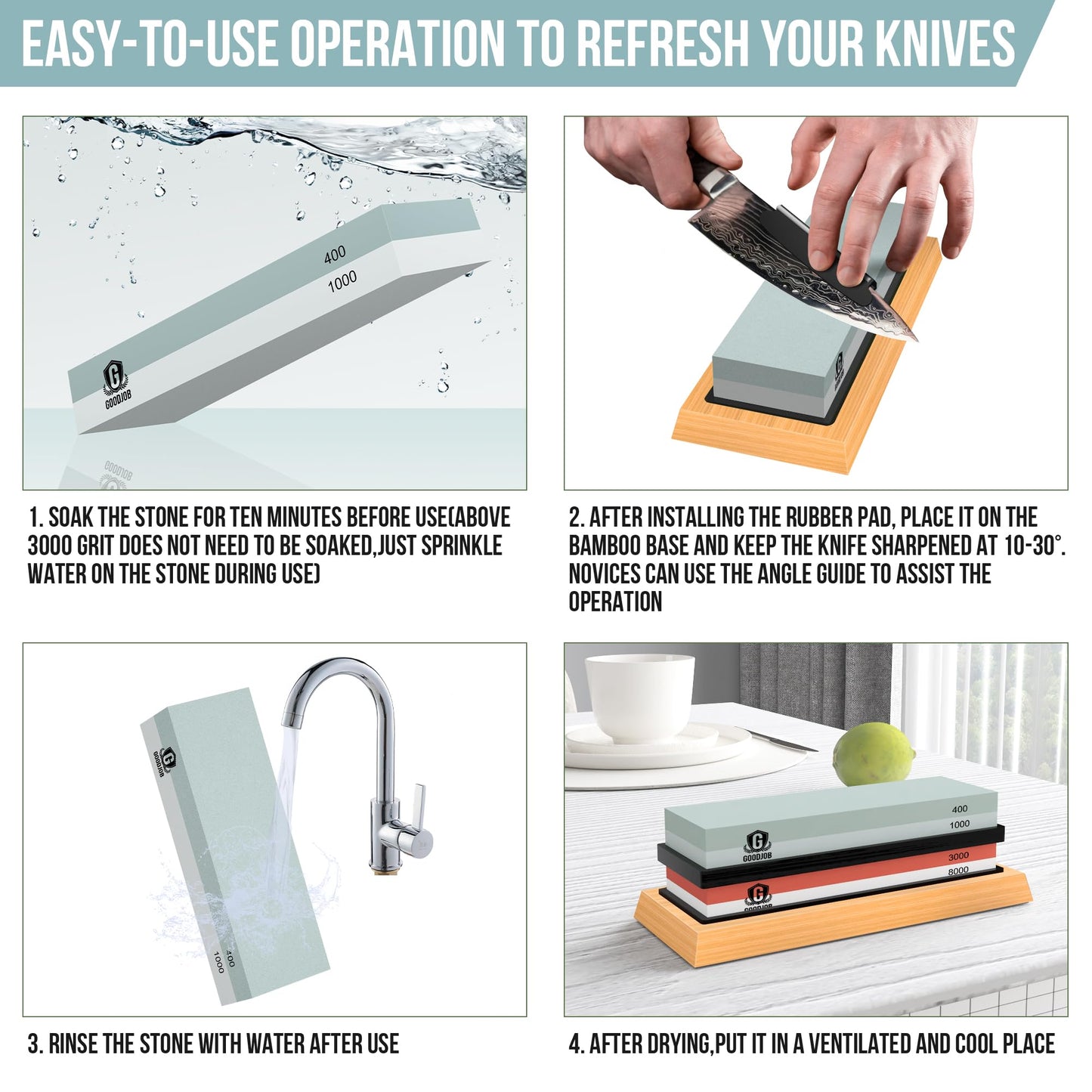 Complete Knife Sharpening Stone Kit - Goodjob Premium Whetstone Knife Sharpener Stone - Dual Grit 400/1000 3000/8000 Wet Stone Sharpening Kit with Cut Resistant Gloves, Honing Guide, Bamboo Base