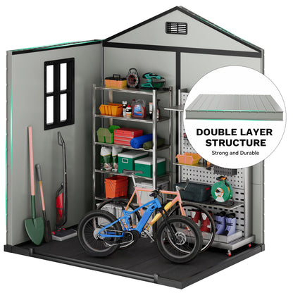 DWVO 6x4.4 FT Resin Storage Shed with Fence-Style and Side Windows, Lockable Door, and Vents Outdoor Storage Shed for Garden, Backyard, Patio, Lawn
