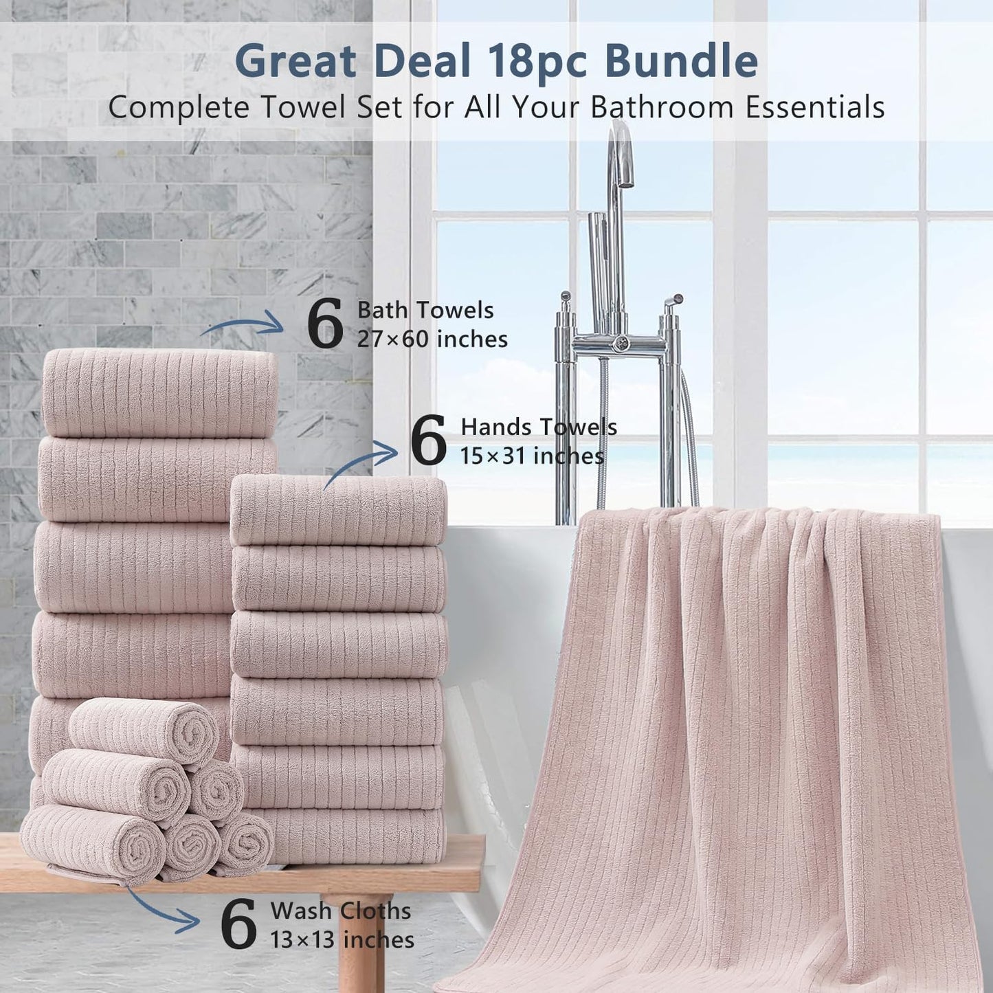 18 Set,Soft Set Loops-6 Towels,6 Towels,6 Set Piece Bath Towels Family Bathroom Towel with Hanging Bath Hand