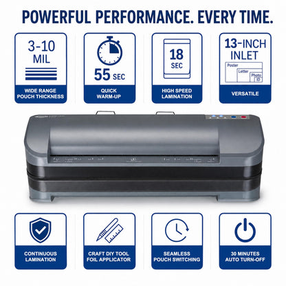 SINCHI 13-Inch Thermal Laminator & Foil Applicator, 3–10 Mil, 4-Roller, 55s Warm-Up, 18 seconds/page, Auto Shutoff, Commercial-Grade Laminating Machine with 10 Pouches for Office, School, Crafts & DIY