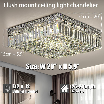 CEENLI 12-Lights Modern Flush Mount Ceiling Light Fixtures,Elegant Crystal Chandelier Pendant Ceiling Lamp for Bedroom,Living Room,Dining Room,Hallway H5.9 x W20 x L20 (Bulbs Not Included) Square