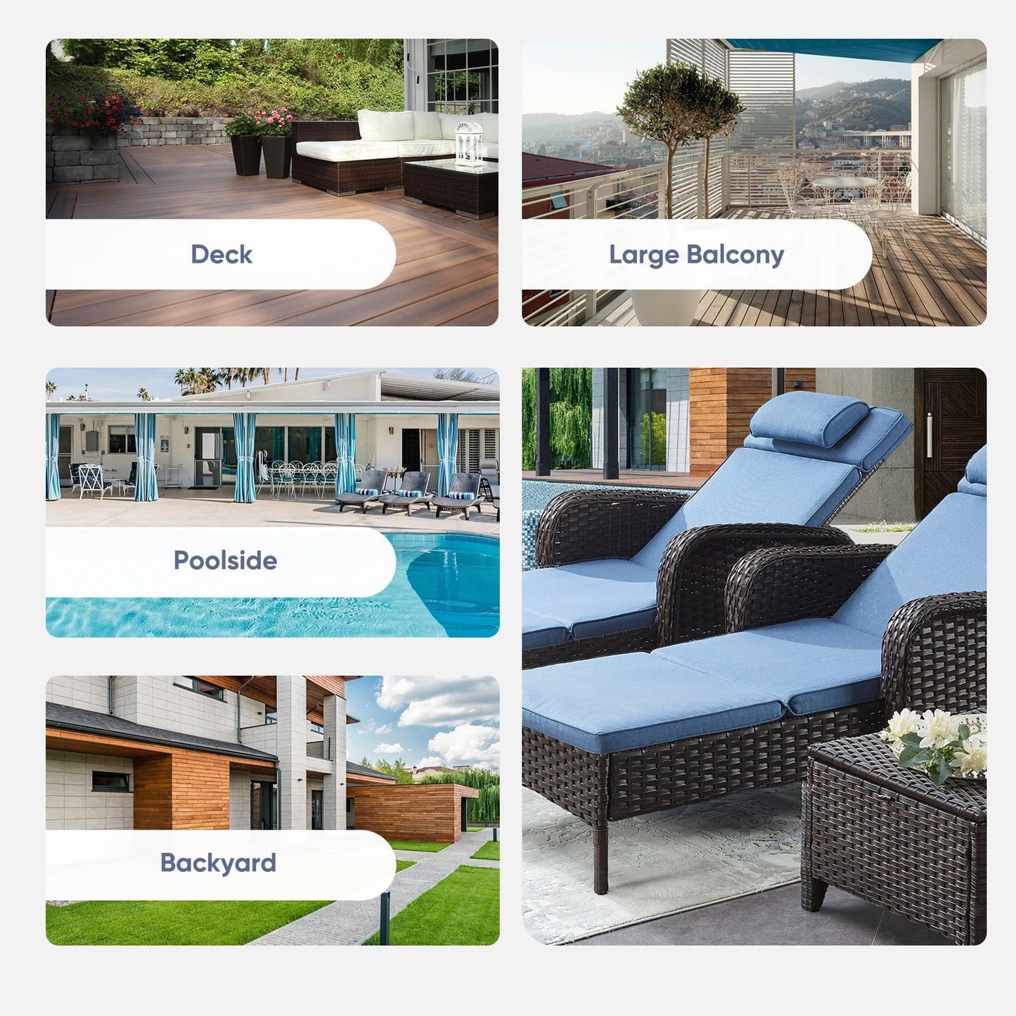 Belord Wicker Outdoor Chaise Lounge Patio Recliner - 75 Inch Adjustable Chaise Lounge with Soft Pillow Removable Cushions, All Weather Rattan Pool Lounge Chair for Poolside Deck Brown/Blue