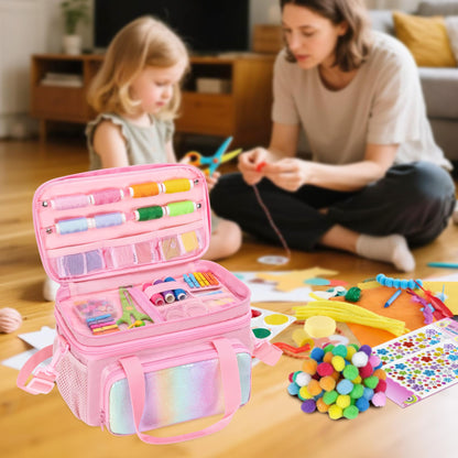 GRAOSO Double Layer Sewing Organizer for Crafts Sewing Supplies, Crafts Accessories Bag, Portable Sewing Box with Handle and Detachable Shoulder Strap, Rainbow Sequins Design, Pink (Case Only)