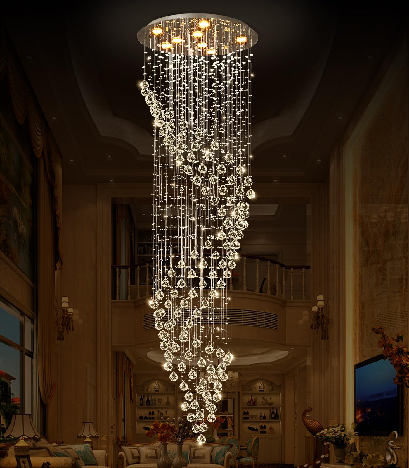 cenozo D24'' x H78'' Crystal Chandelier for Staircaes Glam Chandelier Large Raindrop Chandeliers LED Dimmable High Ceiling Light Fixtures for Hallway Foyer Entryway