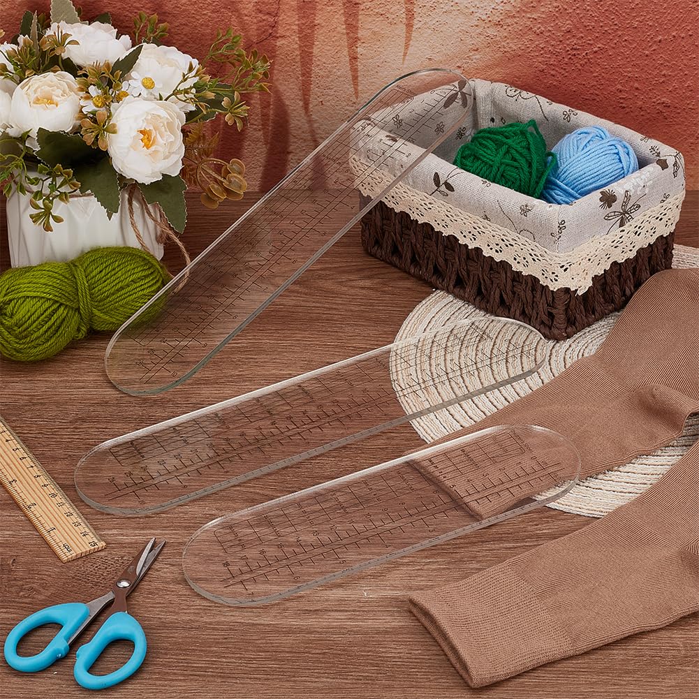 OLYCRAFT 3Pcs 2 Sizes Sock Ruler Knitting Crochet No Hole 8.9/11.8 Inch Clear Acrylic Sock Crochet Ruler Sock Ruler Knitting Crochet Size Measurement Hook Needle Ruler for Knitting Socks DIY Craft