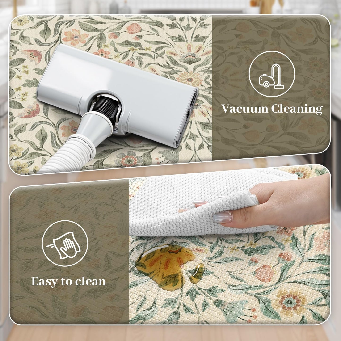 KIMODE Anti Fatigue Kitchen Mats for Floor, Boho Floral Kitchen Rugs Sets of 2, Cushioned Kitchen Floor Mats Non Slip, Comfort Spring Rugs for Kitchen Floor Sink Laundry Desk Beige 17.3"x29"+17.3"x47"