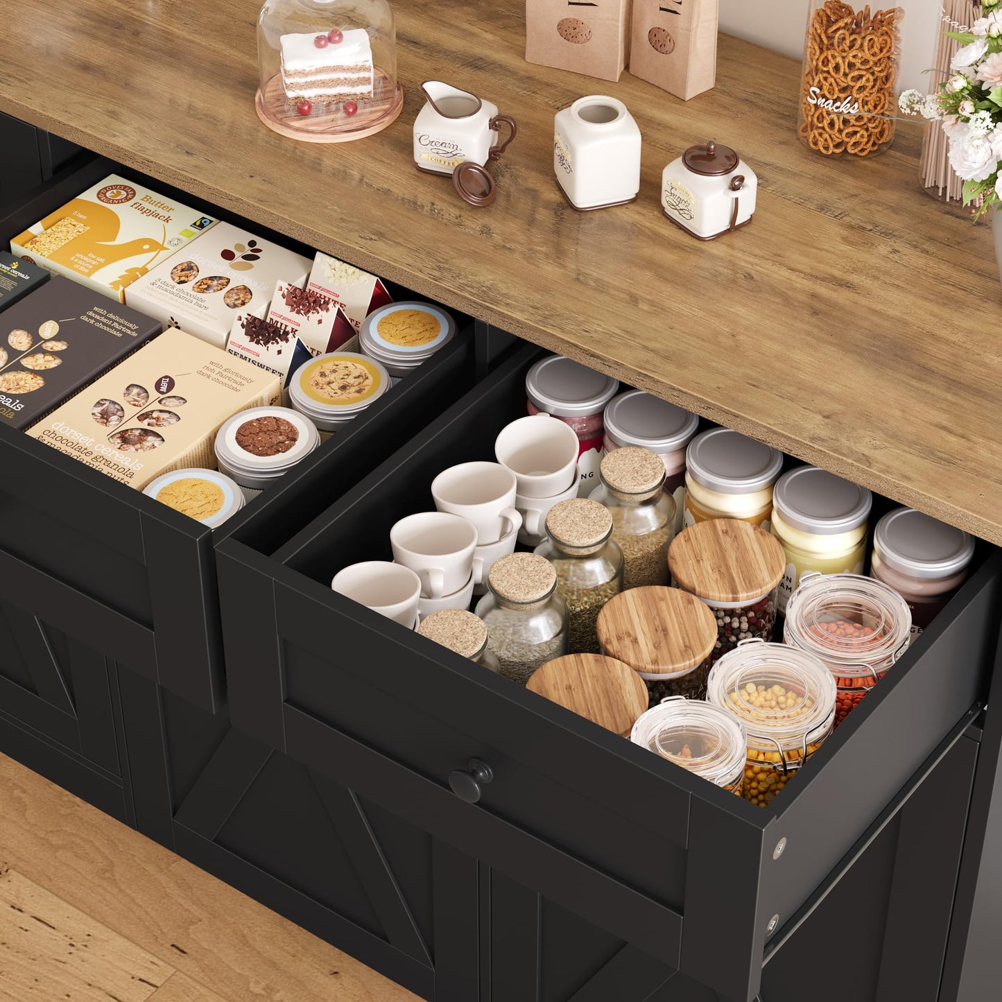 HOSTACK 71" H Kitchen Trash Can Hutch Cabinet, 12.5 Gallon Double Pull Out Garbage Can Hutch Cabinet with Trash Bin Storage Holders, 47" Wide Kitchen Pantry with Hidden Garbage Storage, Black