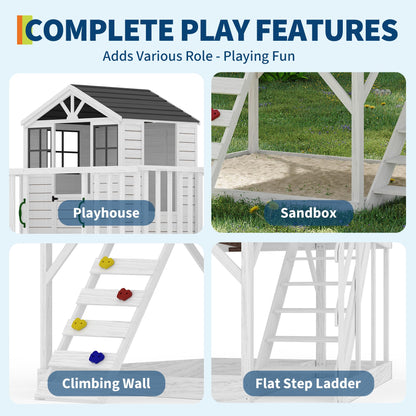 2 Story Wooden Playhouse with Climbing Wall, Outdoor Wooden Playhouse with Step Ladder, Elevated Modern Cedar Playhouses Kids
