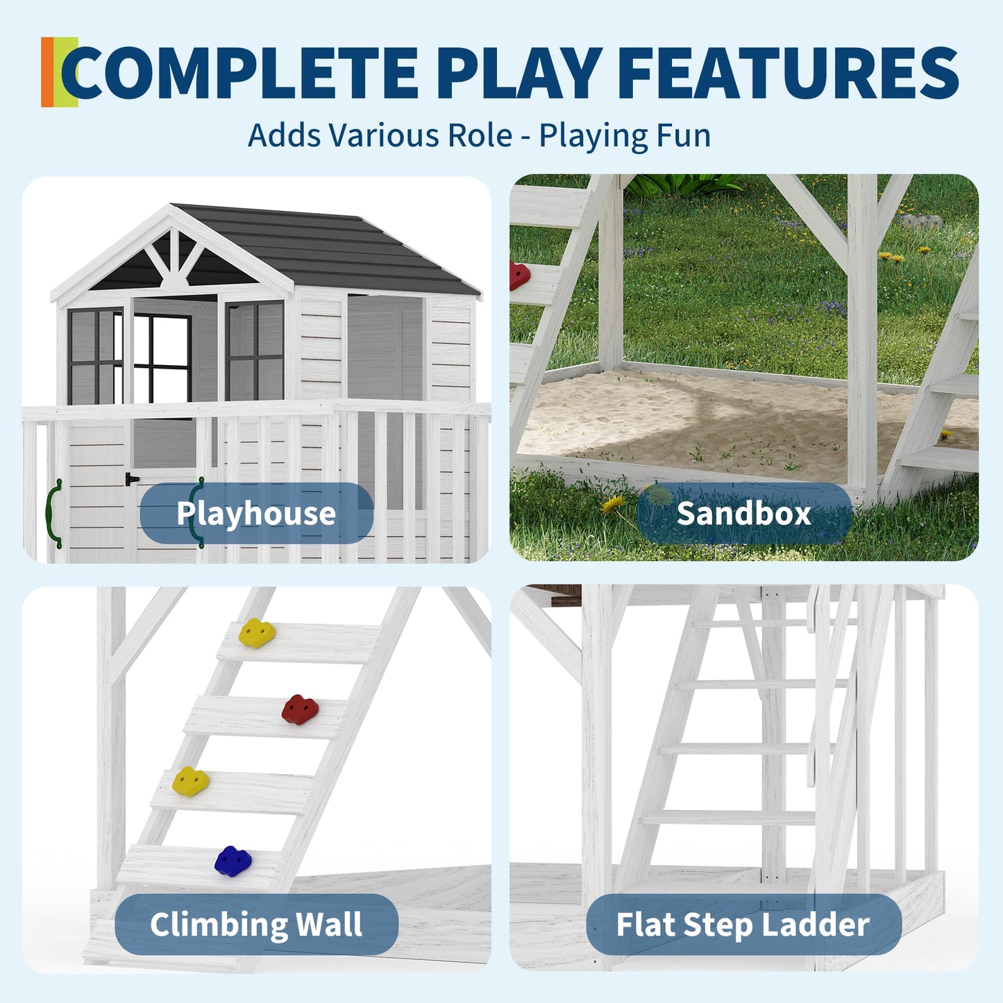 GarveeLife Outdoor Wooden Playhouse with Climbing Wall, 2 Story Wooden Playhouse with Step Ladder, Elevated Modern Cedar Playhouses Kids