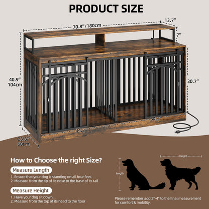 DWVO 71" Double Dog Crate Furniture with LED Light & Power Outlets, Heavy Duty Dual Dog Kennel TV Stand w Storage Shelves Sliding Doors, Wooden Two Dog Cage Table 2 Medium Large Dogs, Rustic Brown