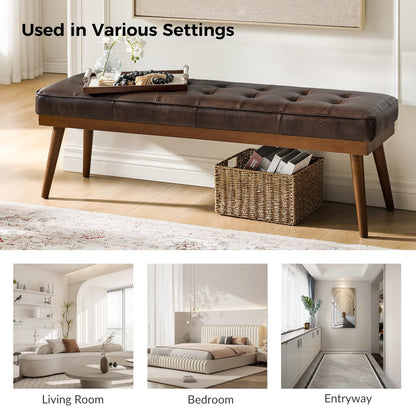 HULALA HOME 55.5" Genuine Leather Bench, Button-Tufted Entryway Bench with Solid Wood Legs, Upholstered End of Bed Bench for Bedroom, Chocolate