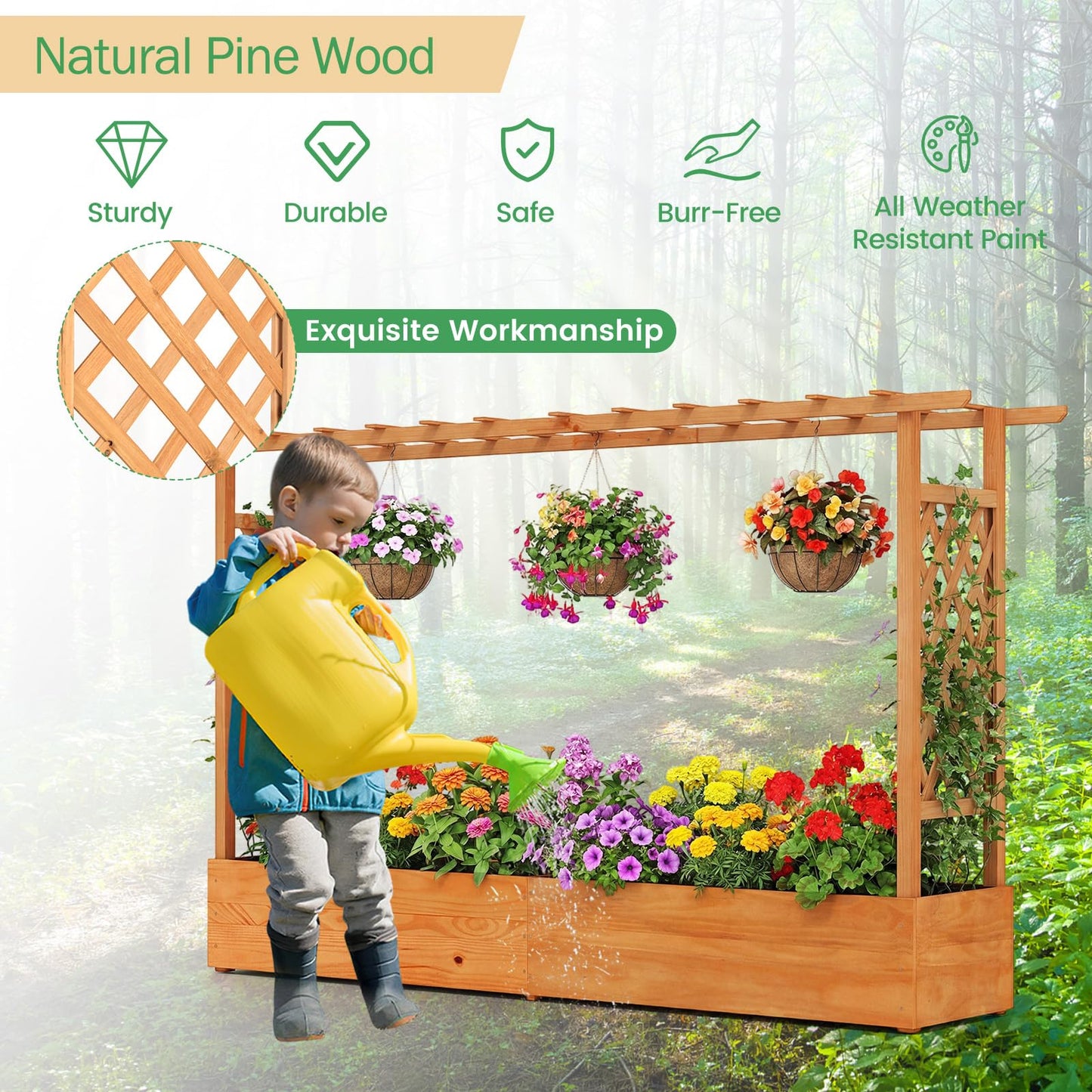 LDAILY Raised Garden Bed with Trellis, Above Ground Garden Bed with Hanging Roof, Side Trellis, & 6 Drainage Holes, Planter Box for Outdoor Climbing Plants Vines Flowers