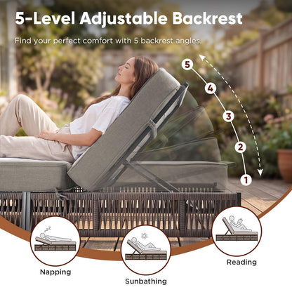 moosprr Outdoor Chaise Lounge Chair with 5-Inch Thick Cushions, 5-Levels Adjustable Reclining Lounger, Wicker Patio Recliner, Pool Chair Sunbathing Lounger for Outdoor, Backyard, Poolside - Grey