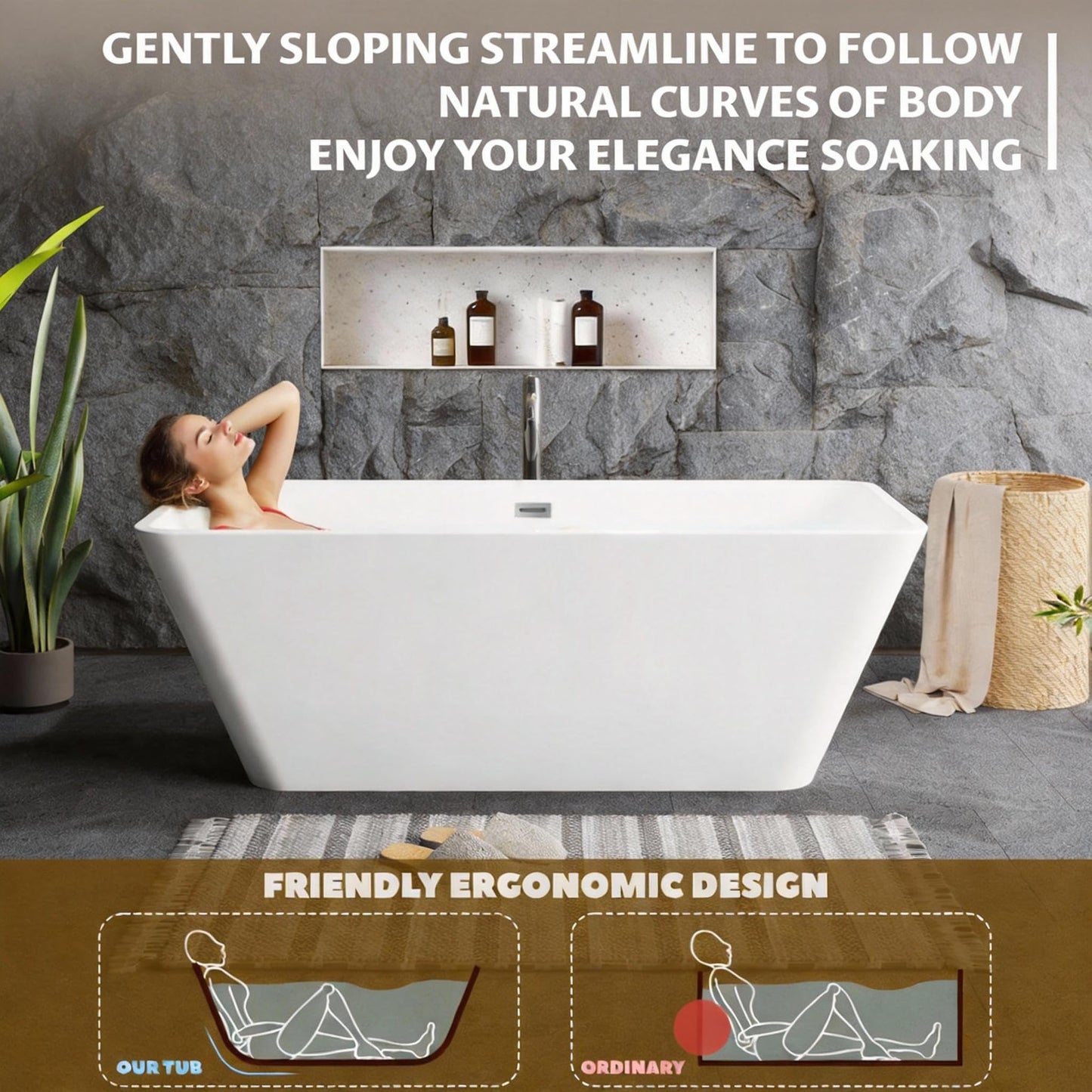 59" Freestanding Acrylic Soaking Tub, Large Bathtub, Contemporary Stand-Alone Bathroom Tub with Non-Slip Surface, Overflow and Drain Included, Deep Bathtub for Home Spa
