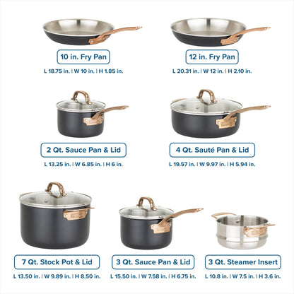 Viking 3 Ply Pots and Pans Set, 11 Piece Stainless Steel Kitchen Cookware with Glass Lids, Black with Copper