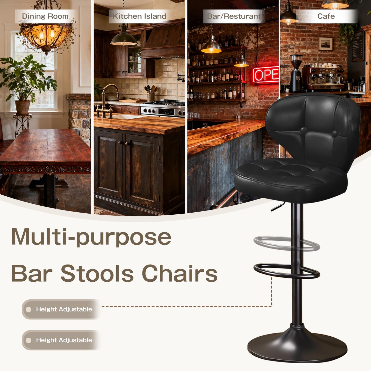Walktory Bar Stools Set of 6, Adjustable Swivel Bar Stools with Back, Counter Height Bar Chairs with Footrest, PU Leather Padded Seat, Metal Base, Kitchen Island Dining Room Black