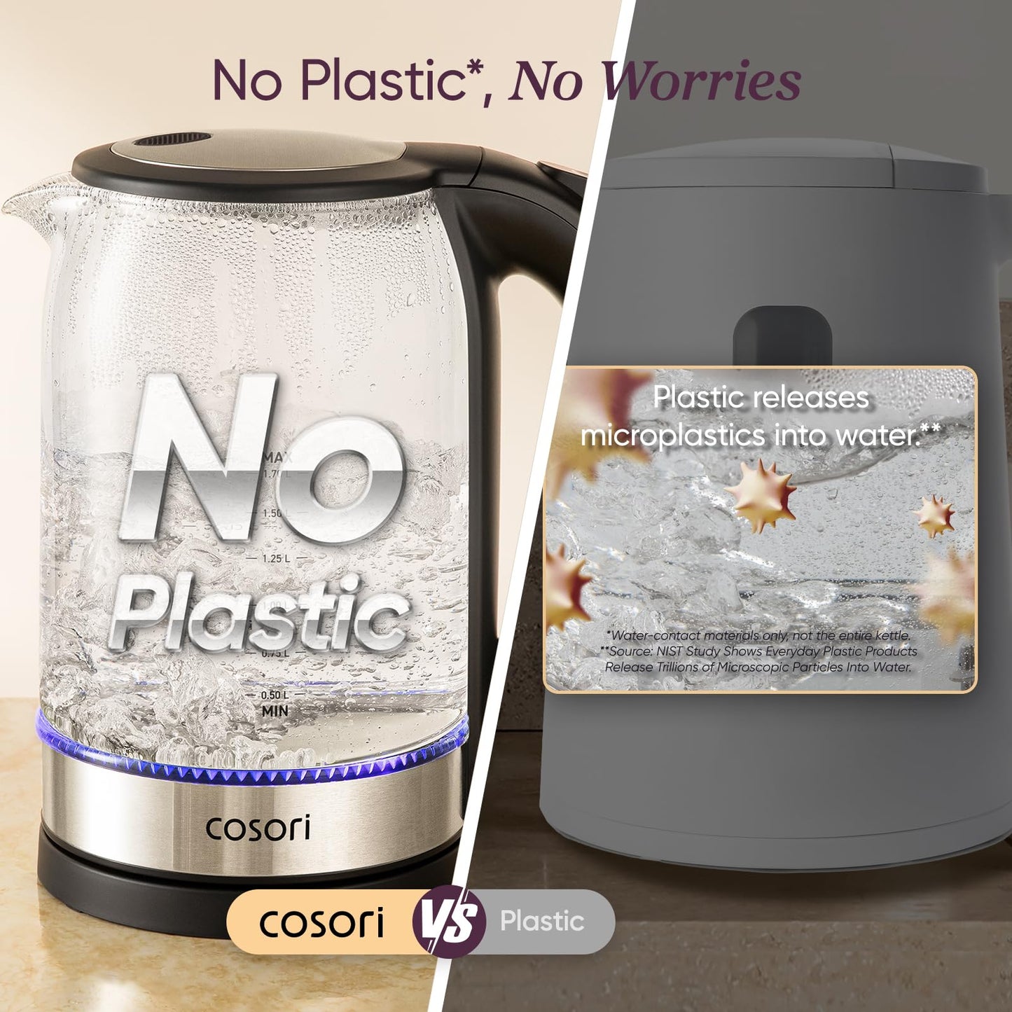 Cosori Electric Kettle, No Plastic Contact With Water, Wide Mouth For Easy Cleaning, Auto Shut Off, 1.7L Tea Kettle & Hot Water Boiler, Water Heater & Teapot, Borosilicate Glass, Black, 1500W