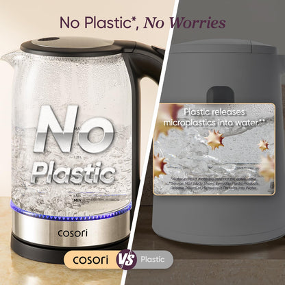 Cosori Electric Kettle, No Plastic Contact With Water, Wide Mouth For Easy Cleaning, Auto Shut Off, 1.7L Tea Kettle & Hot Water Boiler, Water Heater & Teapot, Borosilicate Glass, Black, 1500W