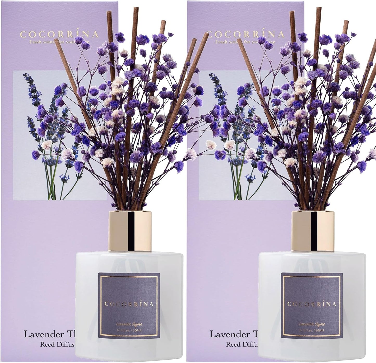 Set 2 Packs, 6.7oz Cocorrna Premium Reed Diffuser with Preserved Baby's Breath & Cotton Stick Lavender Thyme Scent